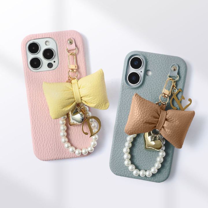 Genuine Leather 32 Colors Italian Shrink Leather Padded Ribbon Initial Pearl Charm Back Case for Xperia Series