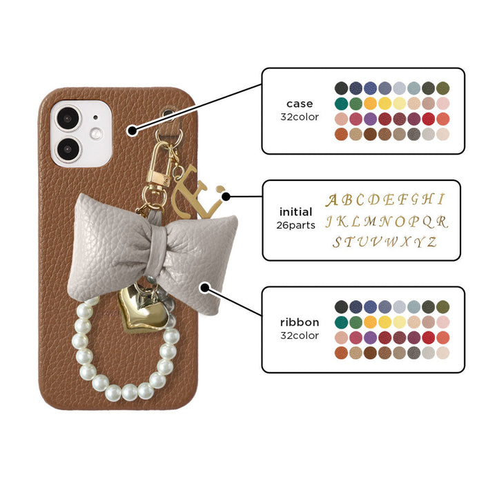 Genuine Leather 32 Colors Italian Shrink Leather Padded Ribbon Initial Pearl Charm Back Case for Xperia Series