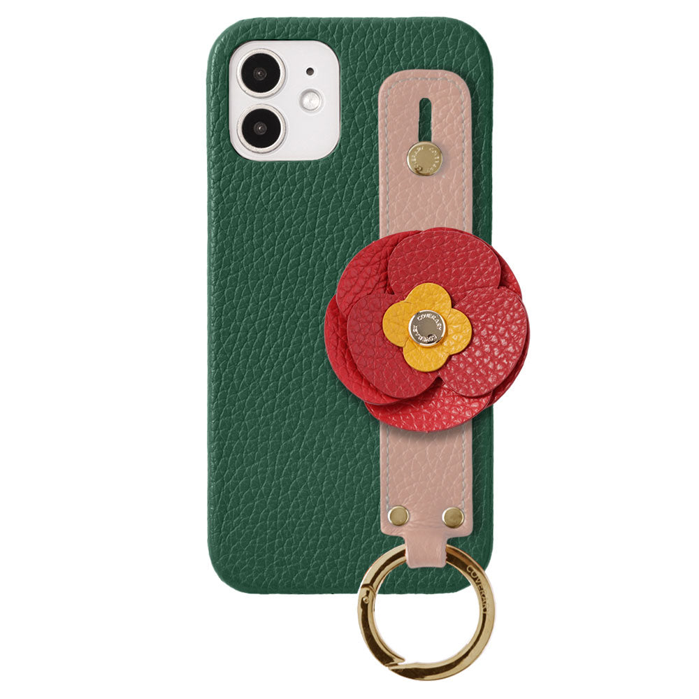 本革 32色 イタリアンシュリンクレザー リアルフラワーデコ ハンドベルト付き 背面ケース iPhoneシリーズ