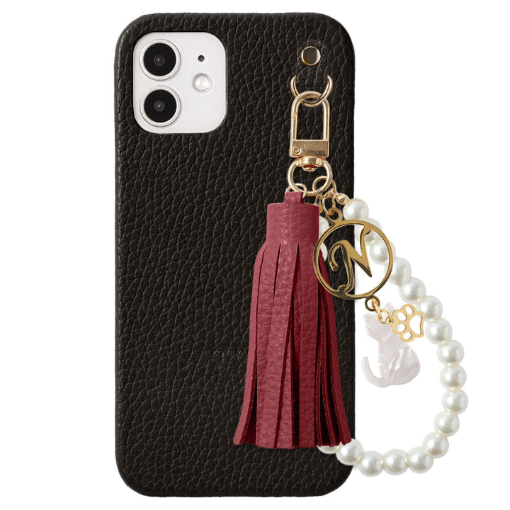 本革 32色 イタリアンシュリンクレザー 猫モチーフ タッセルイニシャルパールチャーム 背面ケース Xperiaシリーズ