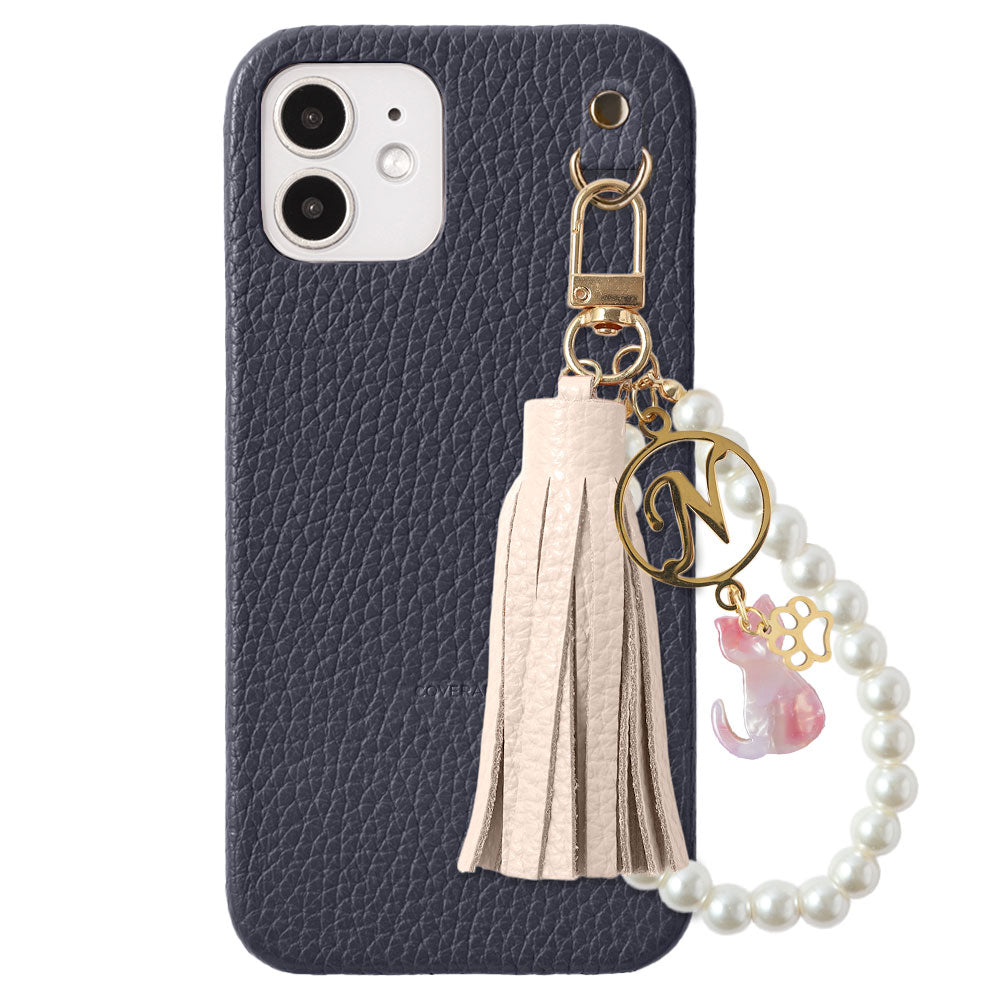 本革 32色 イタリアンシュリンクレザー 猫モチーフ タッセルイニシャルパールチャーム 背面ケース Xperiaシリーズ