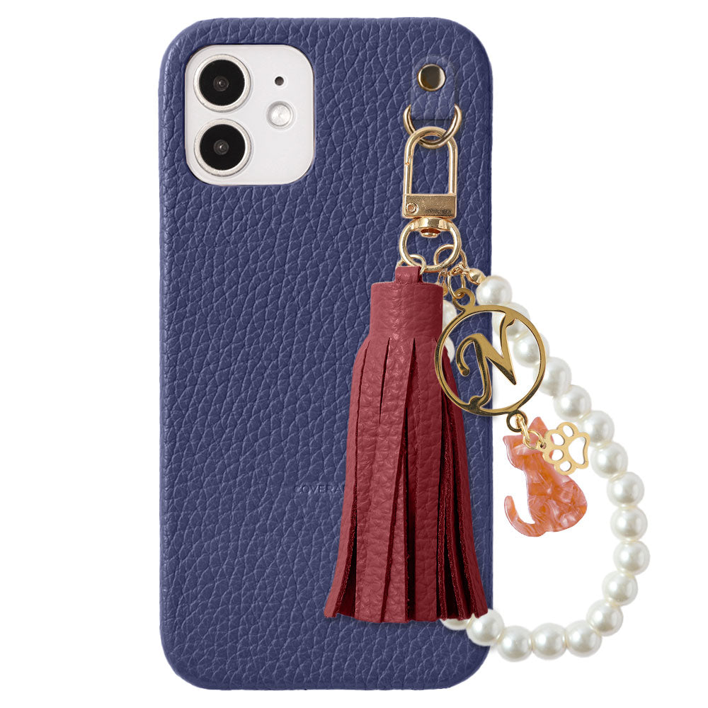 本革 32色 イタリアンシュリンクレザー 猫モチーフ タッセルイニシャルパールチャーム 背面ケース Xperiaシリーズ