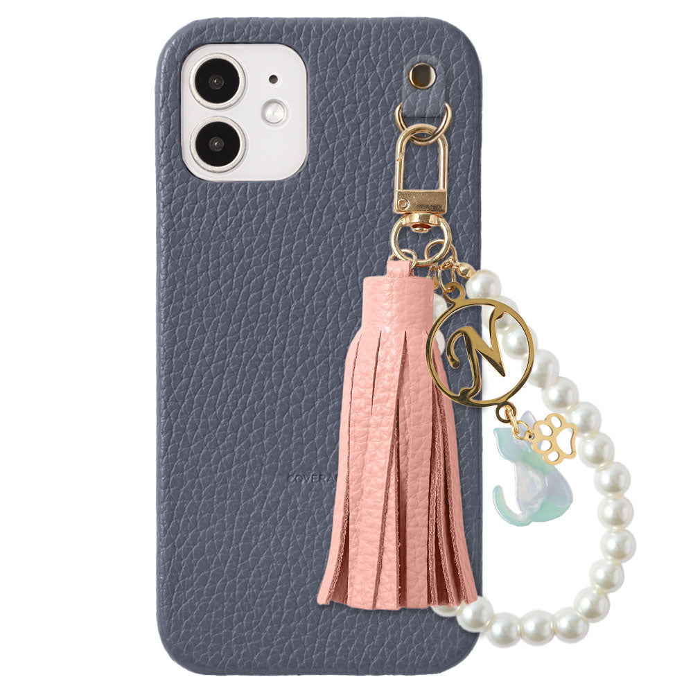 本革 32色 イタリアンシュリンクレザー 猫モチーフ タッセルイニシャルパールチャーム 背面ケース Xperiaシリーズ