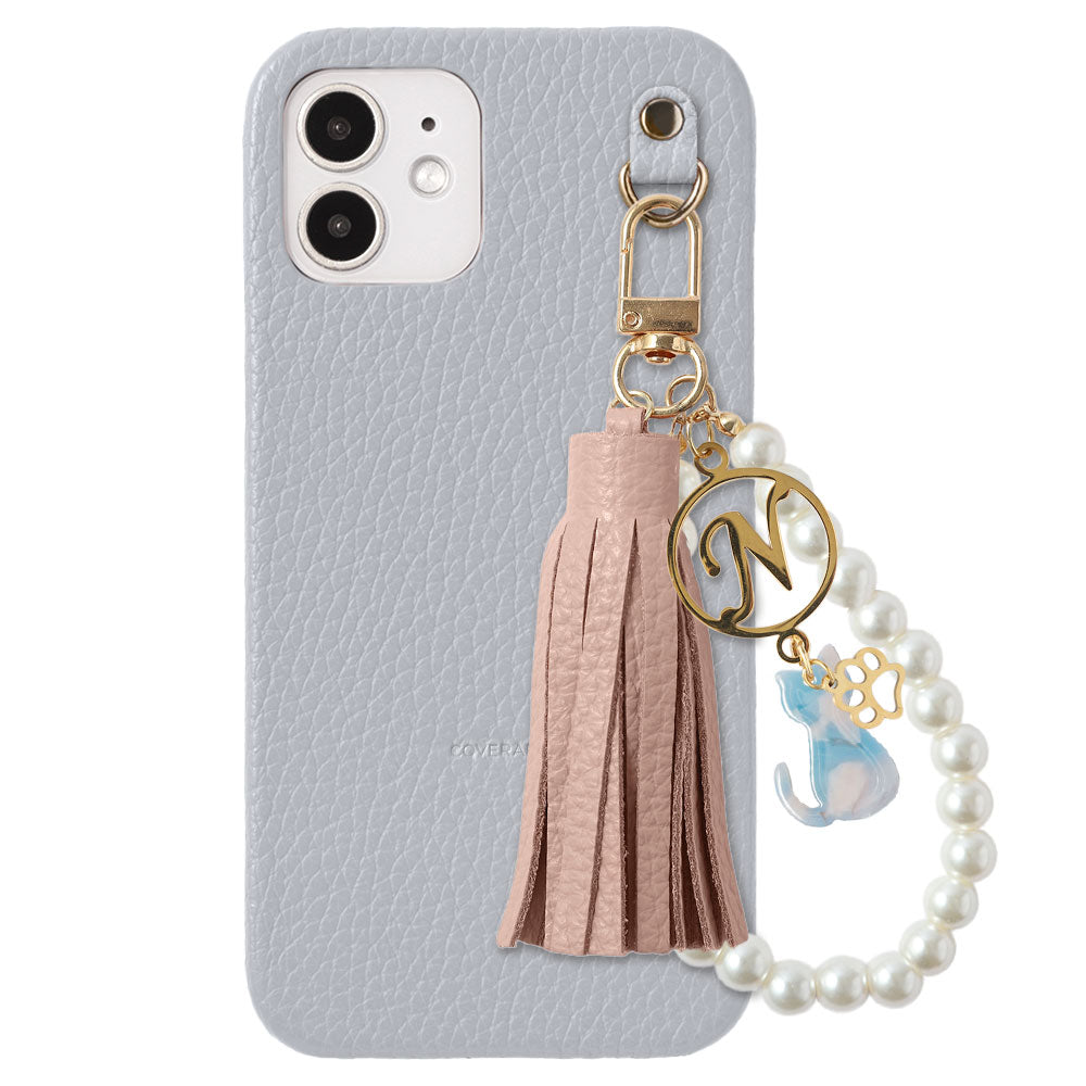 本革 32色 イタリアンシュリンクレザー 猫モチーフ タッセルイニシャルパールチャーム 背面ケース Xperiaシリーズ