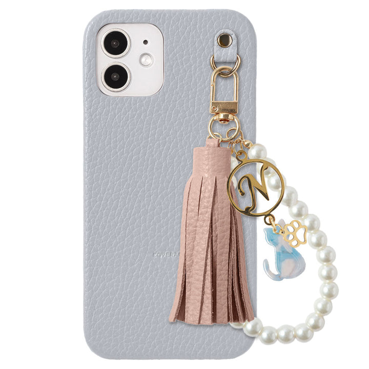 本革 32色 イタリアンシュリンクレザー 猫モチーフ タッセルイニシャルパールチャーム 背面ケース Xperiaシリーズ