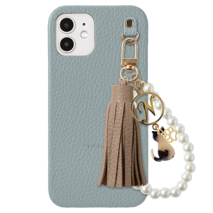 本革 32色 イタリアンシュリンクレザー 猫モチーフ タッセルイニシャルパールチャーム 背面ケース Xperiaシリーズ