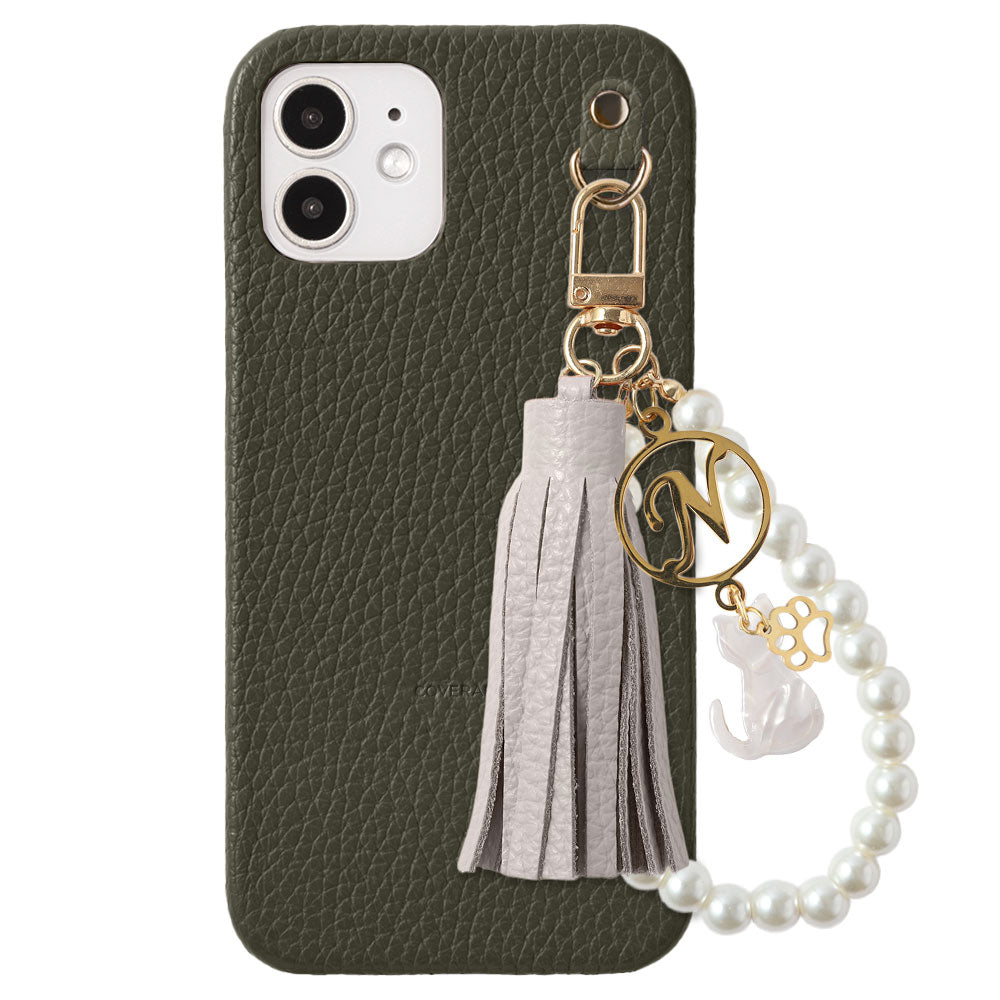 本革 32色 イタリアンシュリンクレザー 猫モチーフ タッセルイニシャルパールチャーム 背面ケース Xperiaシリーズ