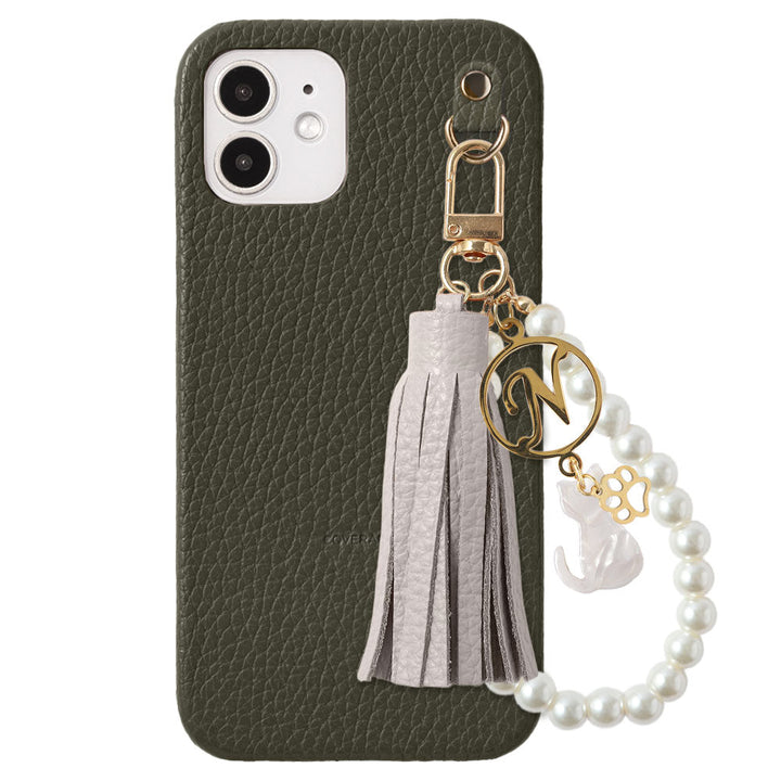 本革 32色 イタリアンシュリンクレザー 猫モチーフ タッセルイニシャルパールチャーム 背面ケース Xperiaシリーズ