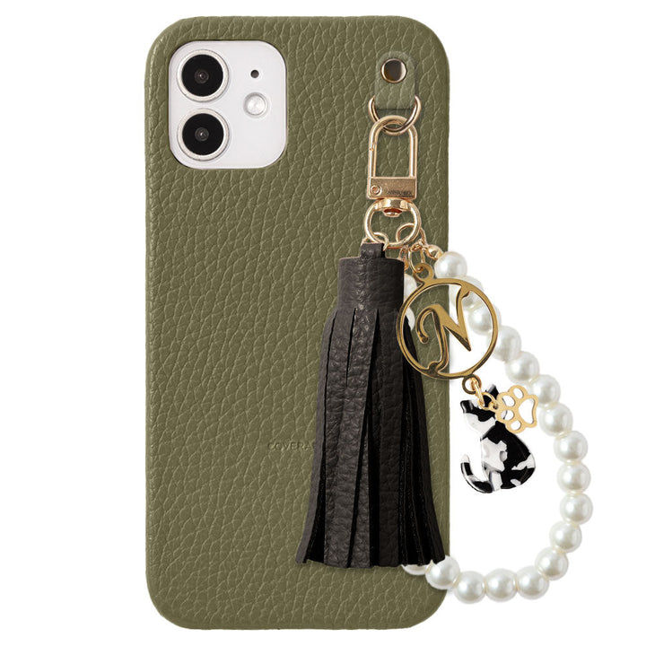 本革 32色 イタリアンシュリンクレザー 猫モチーフ タッセルイニシャルパールチャーム 背面ケース Xperiaシリーズ