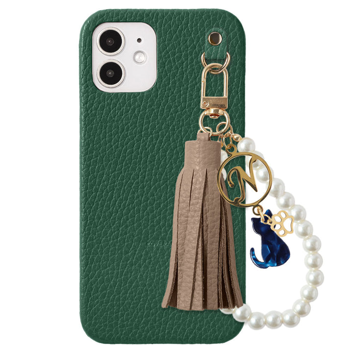 本革 32色 イタリアンシュリンクレザー 猫モチーフ タッセルイニシャルパールチャーム 背面ケース Xperiaシリーズ