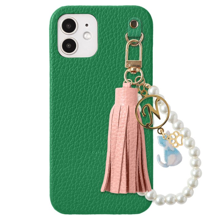 本革 32色 イタリアンシュリンクレザー 猫モチーフ タッセルイニシャルパールチャーム 背面ケース Xperiaシリーズ