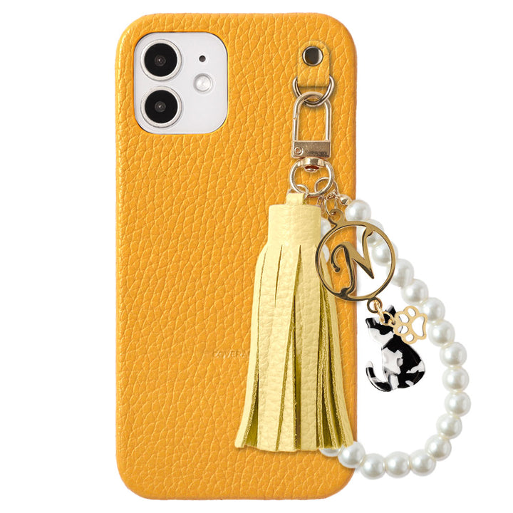 Cuir véritable 32 couleurs cuir italien grainé motif chat breloque perle initiale à pompon coque arrière