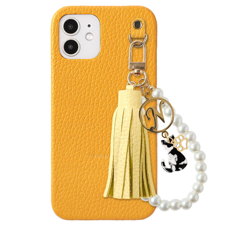 本革 32色 イタリアンシュリンクレザー 猫モチーフ タッセルイニシャルパールチャーム 背面ケース Xperiaシリーズ