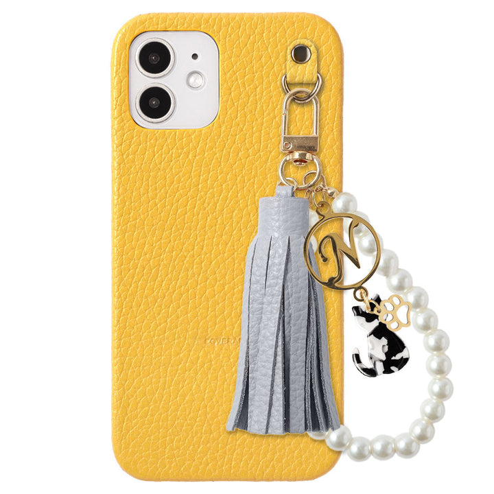 本革 32色 イタリアンシュリンクレザー 猫モチーフ タッセルイニシャルパールチャーム 背面ケース iPhoneシリーズ