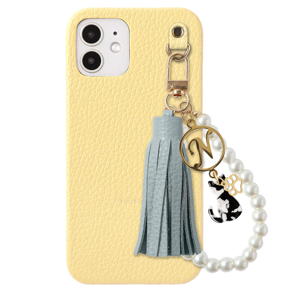 本革 32色 イタリアンシュリンクレザー 猫モチーフ タッセルイニシャルパールチャーム 背面ケース Xperiaシリーズ