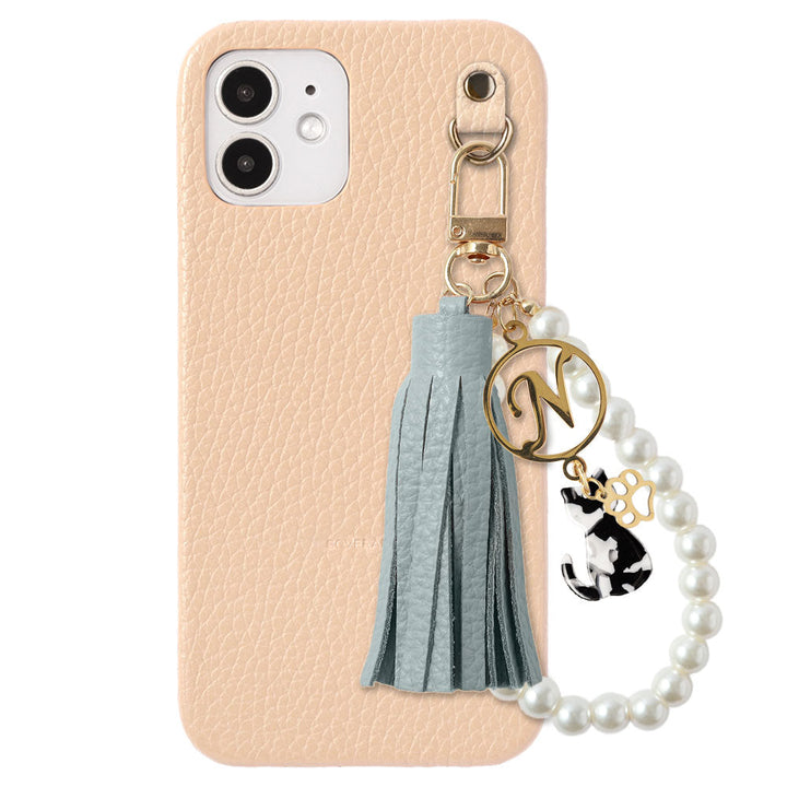 本革 32色 イタリアンシュリンクレザー 猫モチーフ タッセルイニシャルパールチャーム 背面ケース Xperiaシリーズ