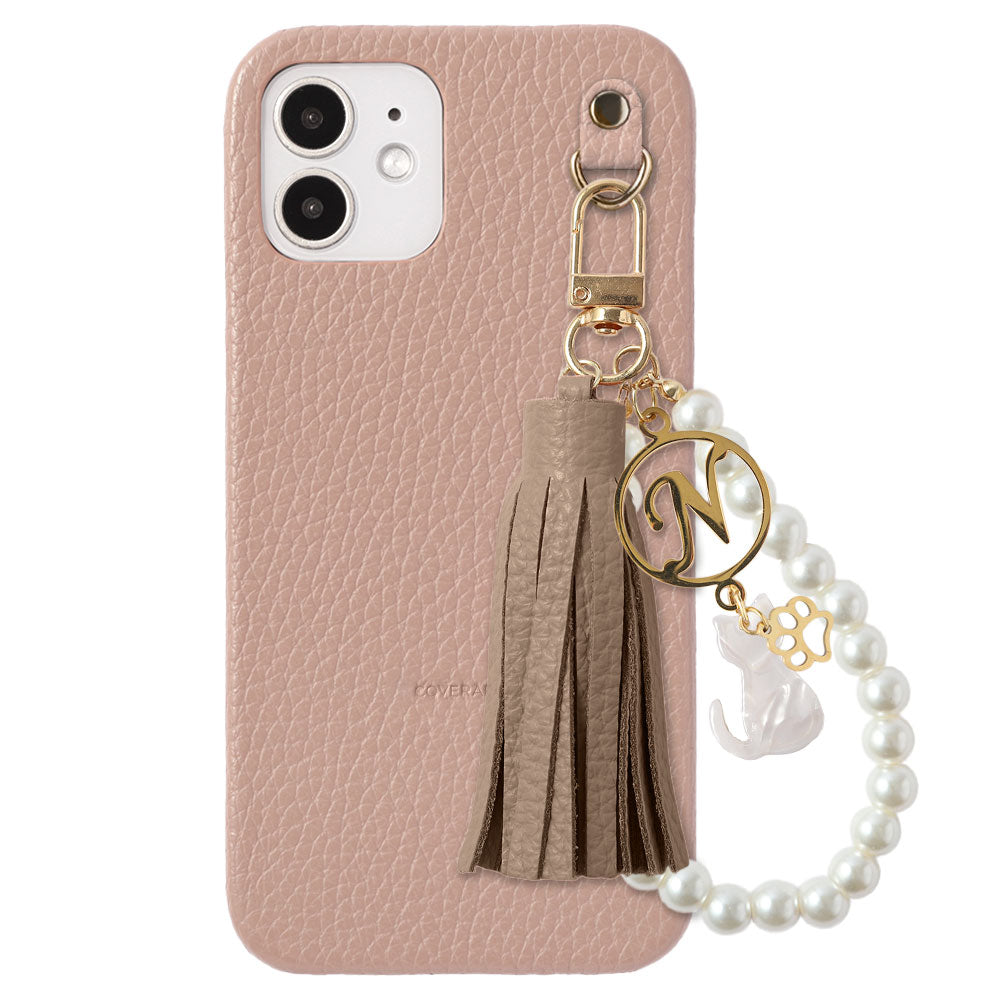 本革 32色 イタリアンシュリンクレザー 猫モチーフ タッセルイニシャルパールチャーム 背面ケース Xperiaシリーズ