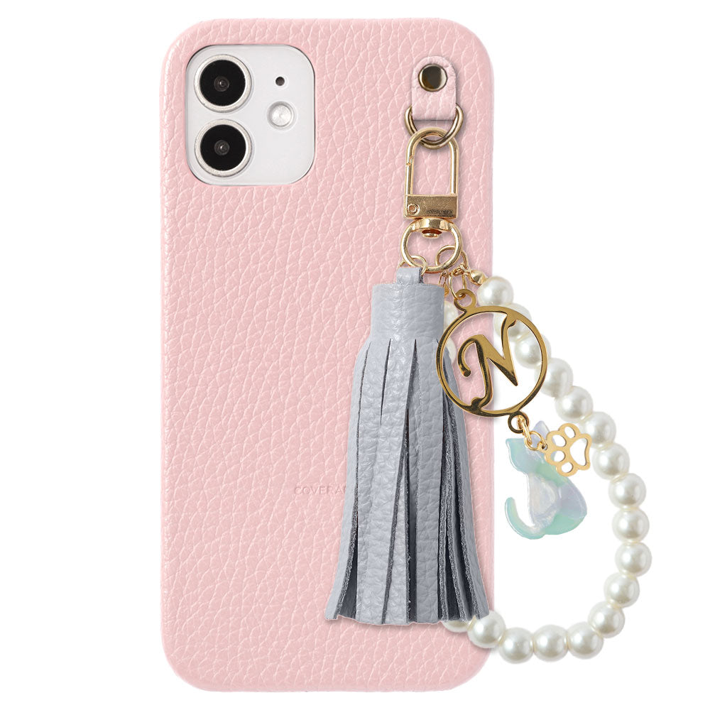 本革 32色 イタリアンシュリンクレザー 猫モチーフ タッセルイニシャルパールチャーム 背面ケース Xperiaシリーズ