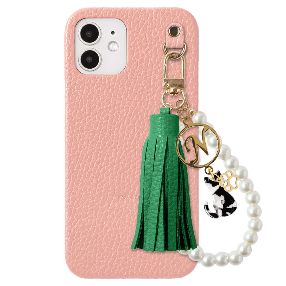 本革 32色 イタリアンシュリンクレザー 猫モチーフ タッセルイニシャルパールチャーム 背面ケース Xperiaシリーズ