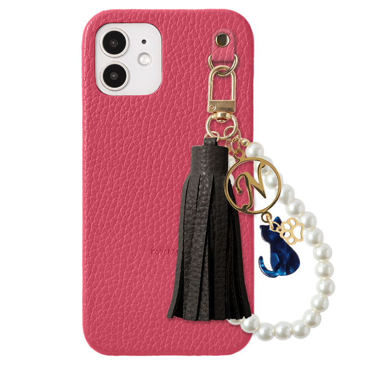 本革 32色 イタリアンシュリンクレザー 猫モチーフ タッセルイニシャルパールチャーム 背面ケース Xperiaシリーズ