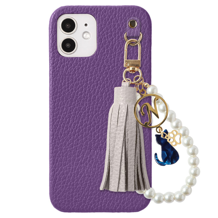 Cuir véritable 32 couleurs cuir italien grainé motif chat breloque perle initiale à pompon coque arrière