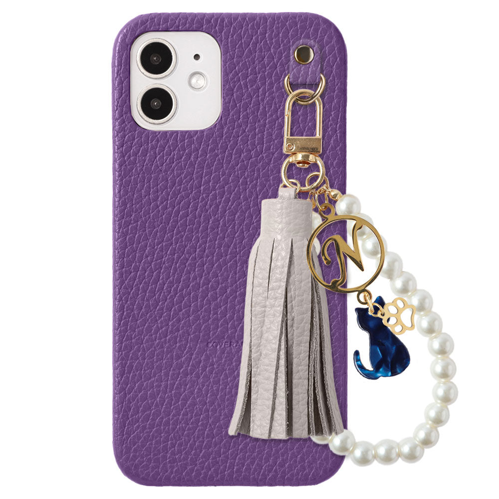 本革 32色 イタリアンシュリンクレザー 猫モチーフ タッセルイニシャルパールチャーム 背面ケース Xperiaシリーズ