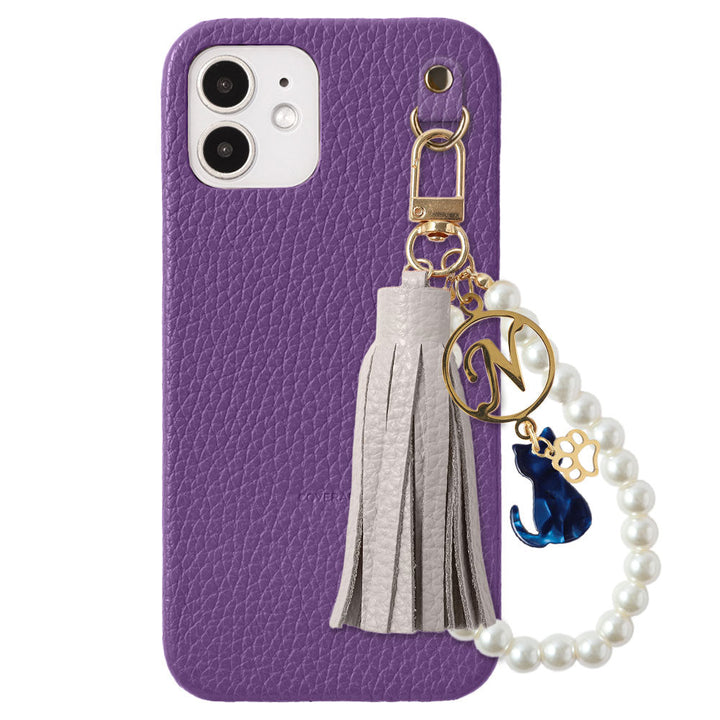 本革 32色 イタリアンシュリンクレザー 猫モチーフ タッセルイニシャルパールチャーム 背面ケース Xperiaシリーズ