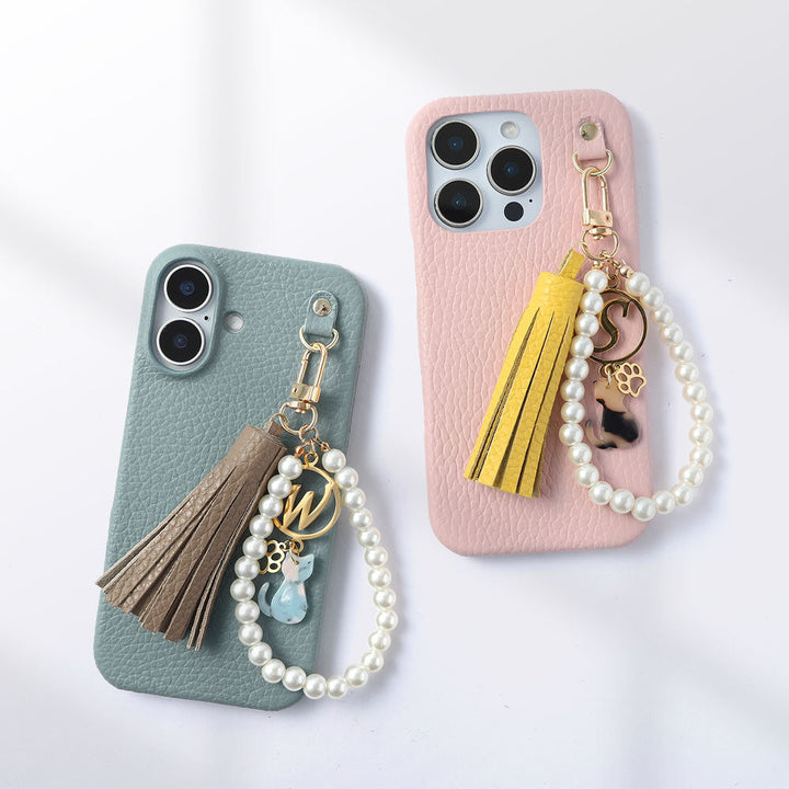 本革 32色 イタリアンシュリンクレザー 猫モチーフ タッセルイニシャルパールチャーム 背面ケース Xperiaシリーズ