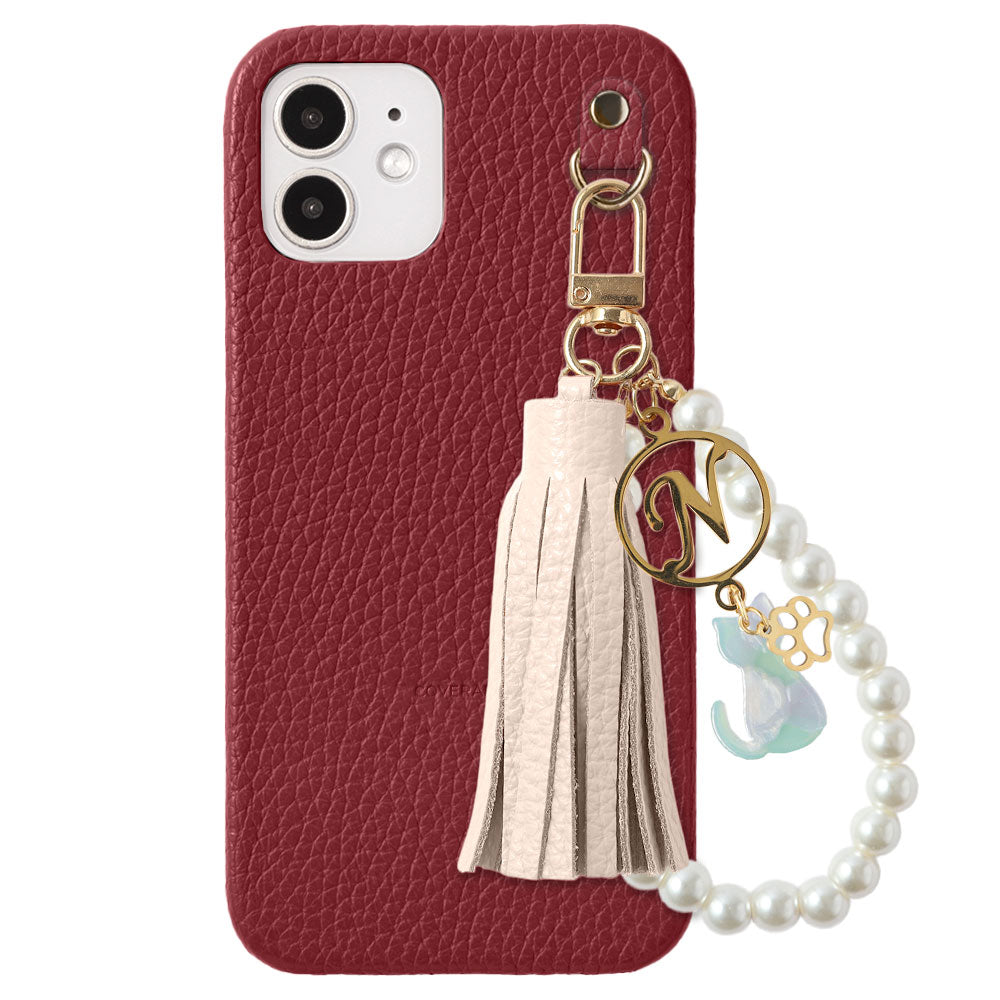 本革 32色 イタリアンシュリンクレザー 猫モチーフ タッセルイニシャルパールチャーム 背面ケース Xperiaシリーズ