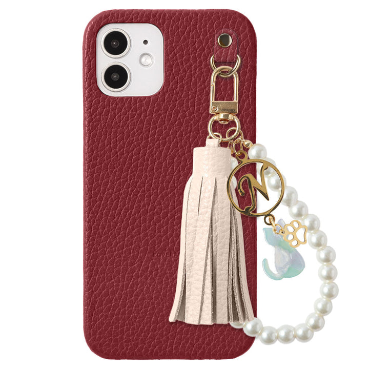 本革 32色 イタリアンシュリンクレザー 猫モチーフ タッセルイニシャルパールチャーム 背面ケース Xperiaシリーズ