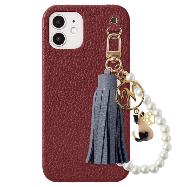 本革 32色 イタリアンシュリンクレザー 猫モチーフ タッセルイニシャルパールチャーム 背面ケース Xperiaシリーズ