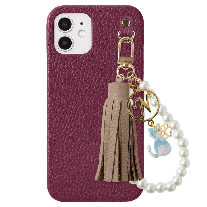 本革 32色 イタリアンシュリンクレザー 猫モチーフ タッセルイニシャルパールチャーム 背面ケース Xperiaシリーズ