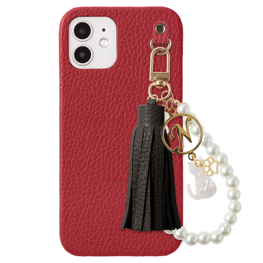 本革 32色 イタリアンシュリンクレザー 猫モチーフ タッセルイニシャルパールチャーム 背面ケース Xperiaシリーズ