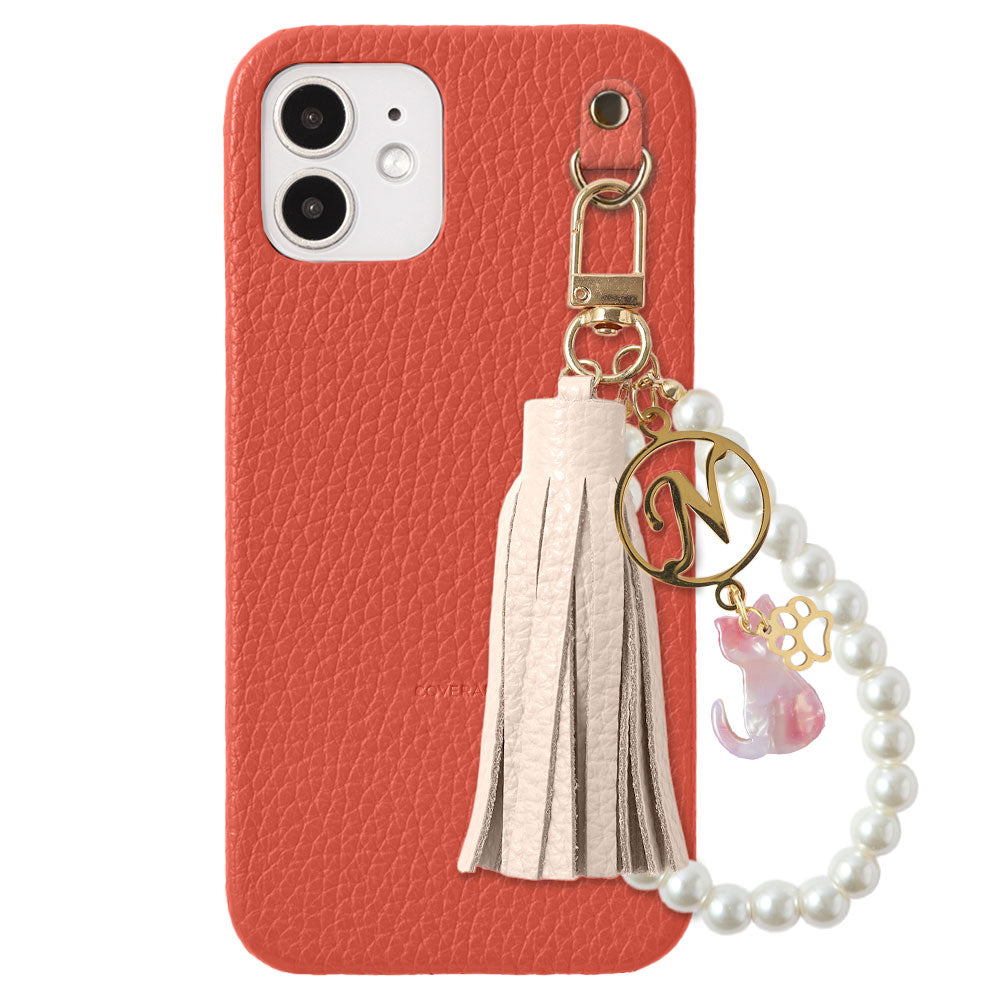 本革 32色 イタリアンシュリンクレザー 猫モチーフ タッセルイニシャルパールチャーム 背面ケース Xperiaシリーズ