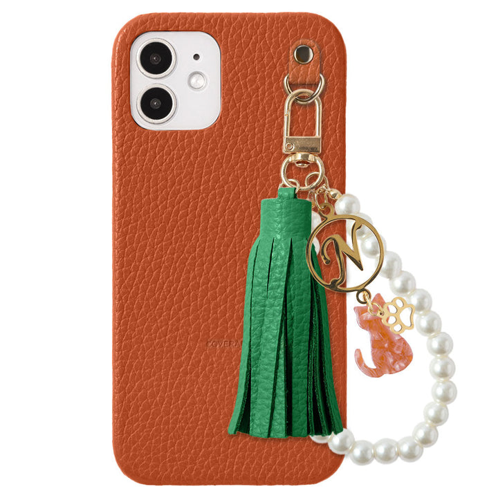 本革 32色 イタリアンシュリンクレザー 猫モチーフ タッセルイニシャルパールチャーム 背面ケース Xperiaシリーズ