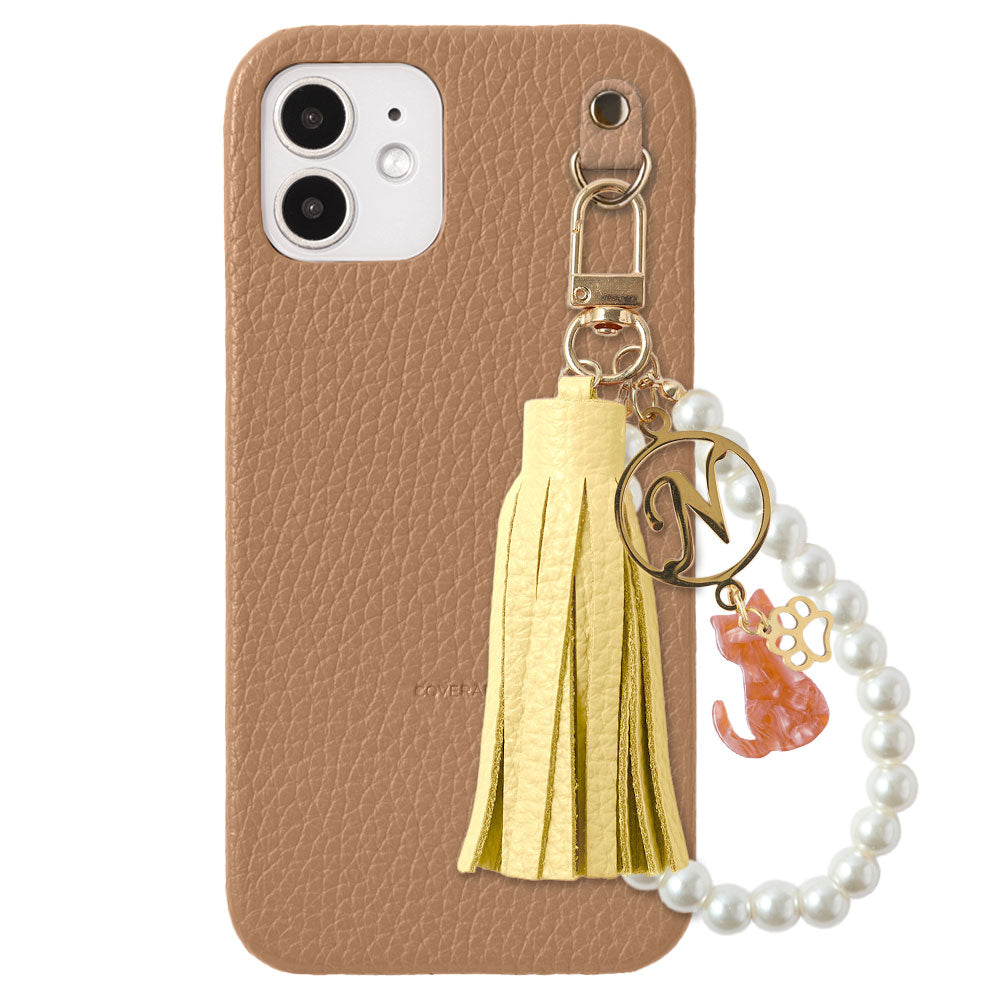 本革 32色 イタリアンシュリンクレザー 猫モチーフ タッセルイニシャルパールチャーム 背面ケース Xperiaシリーズ