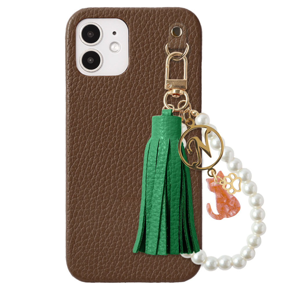 本革 32色 イタリアンシュリンクレザー 猫モチーフ タッセルイニシャルパールチャーム 背面ケース Xperiaシリーズ