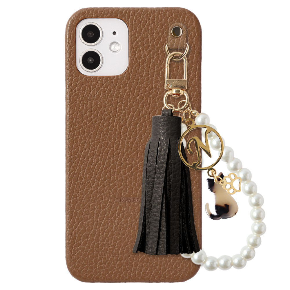 本革 32色 イタリアンシュリンクレザー 猫モチーフ タッセルイニシャルパールチャーム 背面ケース Xperiaシリーズ