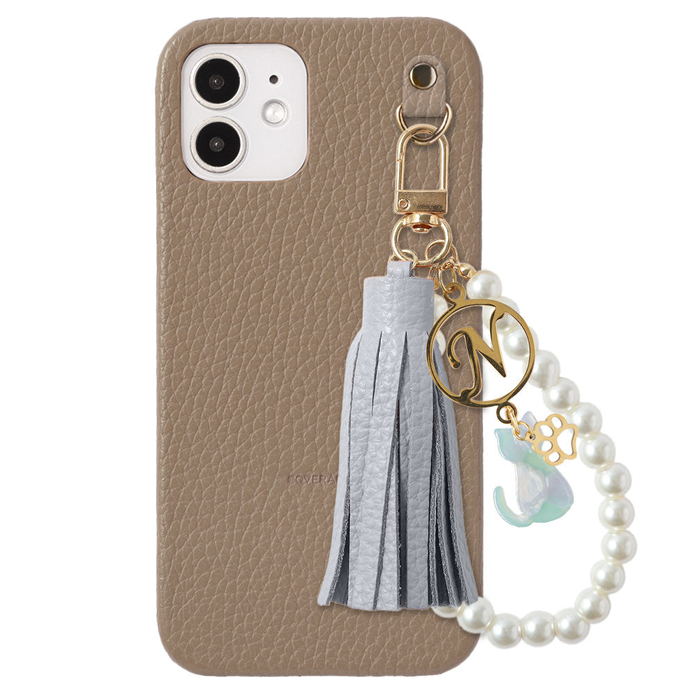 本革 32色 イタリアンシュリンクレザー 猫モチーフ タッセルイニシャルパールチャーム 背面ケース Xperiaシリーズ