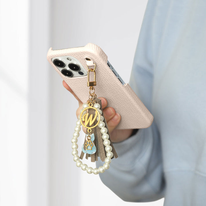 本革 32色 イタリアンシュリンクレザー 猫モチーフ タッセルイニシャルパールチャーム 背面ケース Xperiaシリーズ