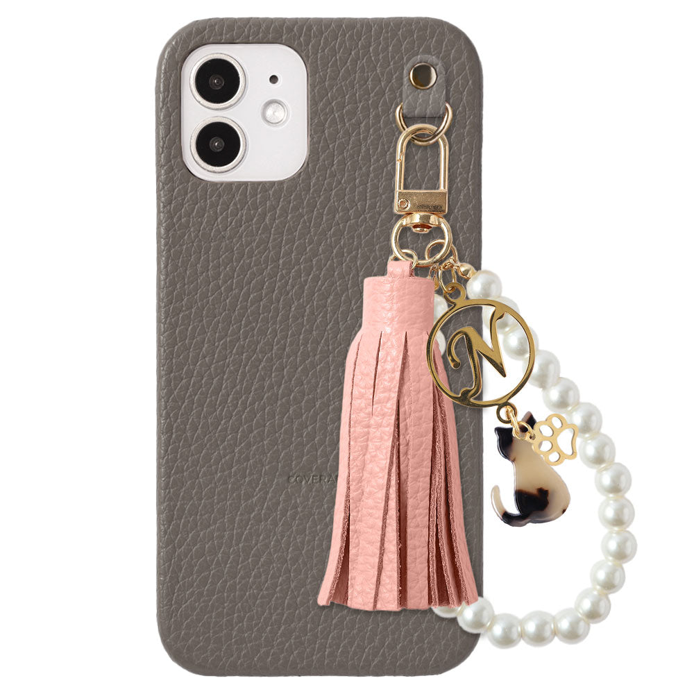 本革 32色 イタリアンシュリンクレザー 猫モチーフ タッセルイニシャルパールチャーム 背面ケース Xperiaシリーズ