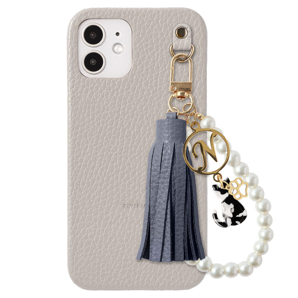 本革 32色 イタリアンシュリンクレザー 猫モチーフ タッセルイニシャルパールチャーム 背面ケース Xperiaシリーズ