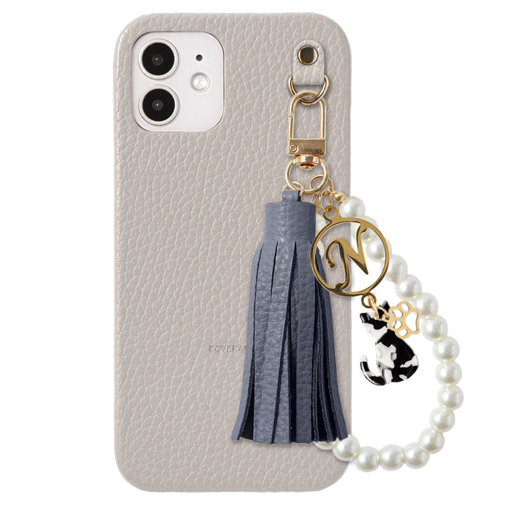 本革 32色 イタリアンシュリンクレザー 猫モチーフ タッセルイニシャルパールチャーム 背面ケース Xperiaシリーズ