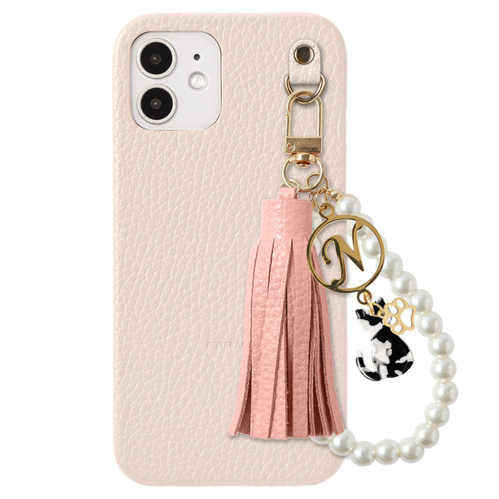 本革 32色 イタリアンシュリンクレザー 猫モチーフ タッセルイニシャルパールチャーム 背面ケース Xperiaシリーズ