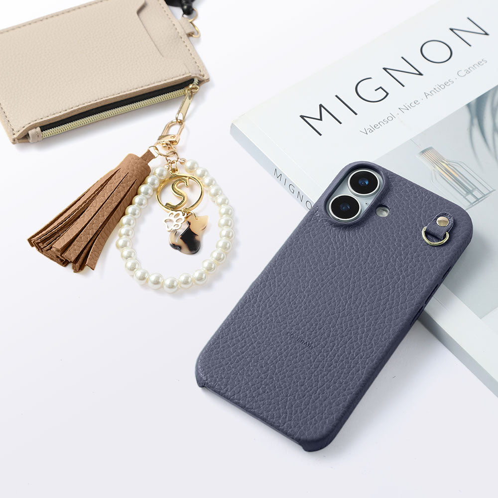 本革 32色 イタリアンシュリンクレザー 猫モチーフ タッセルイニシャルパールチャーム 背面ケース Xperiaシリーズ