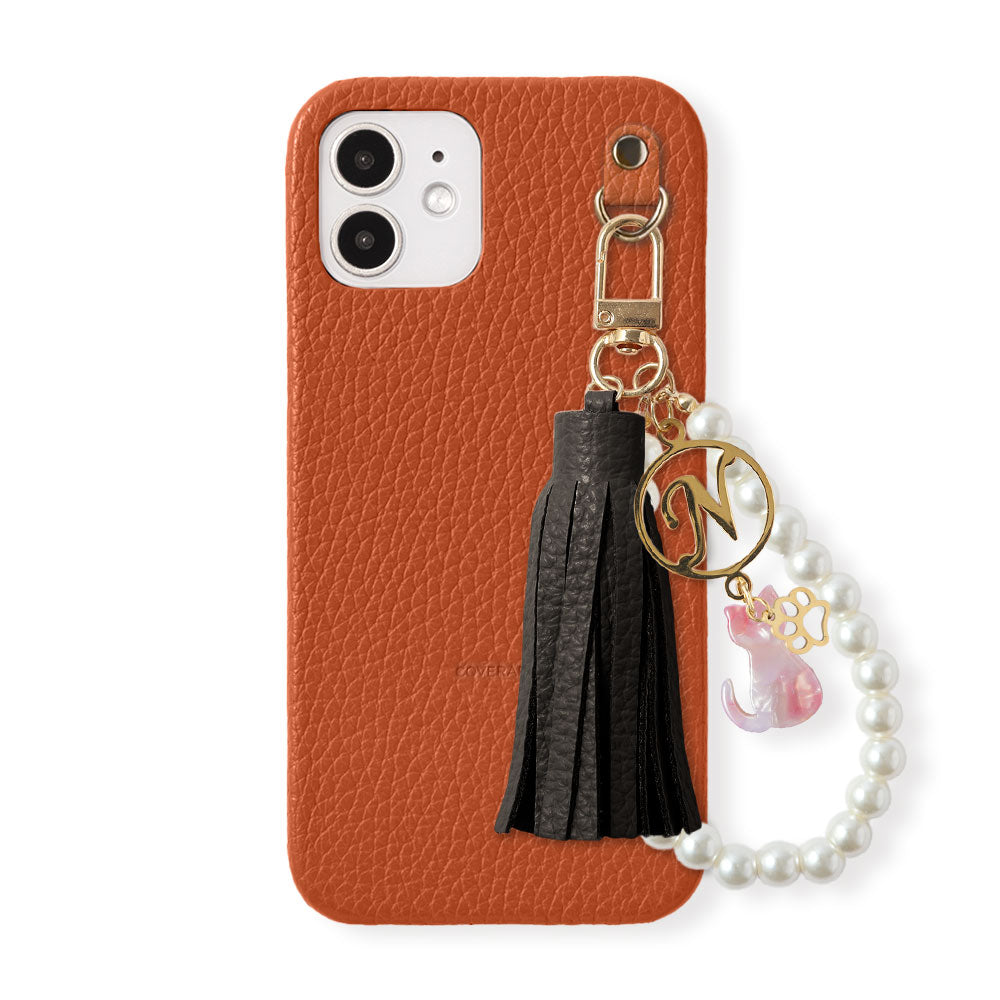 本革 32色 イタリアンシュリンクレザー 猫モチーフ タッセルイニシャルパールチャーム 背面ケース Xperiaシリーズ