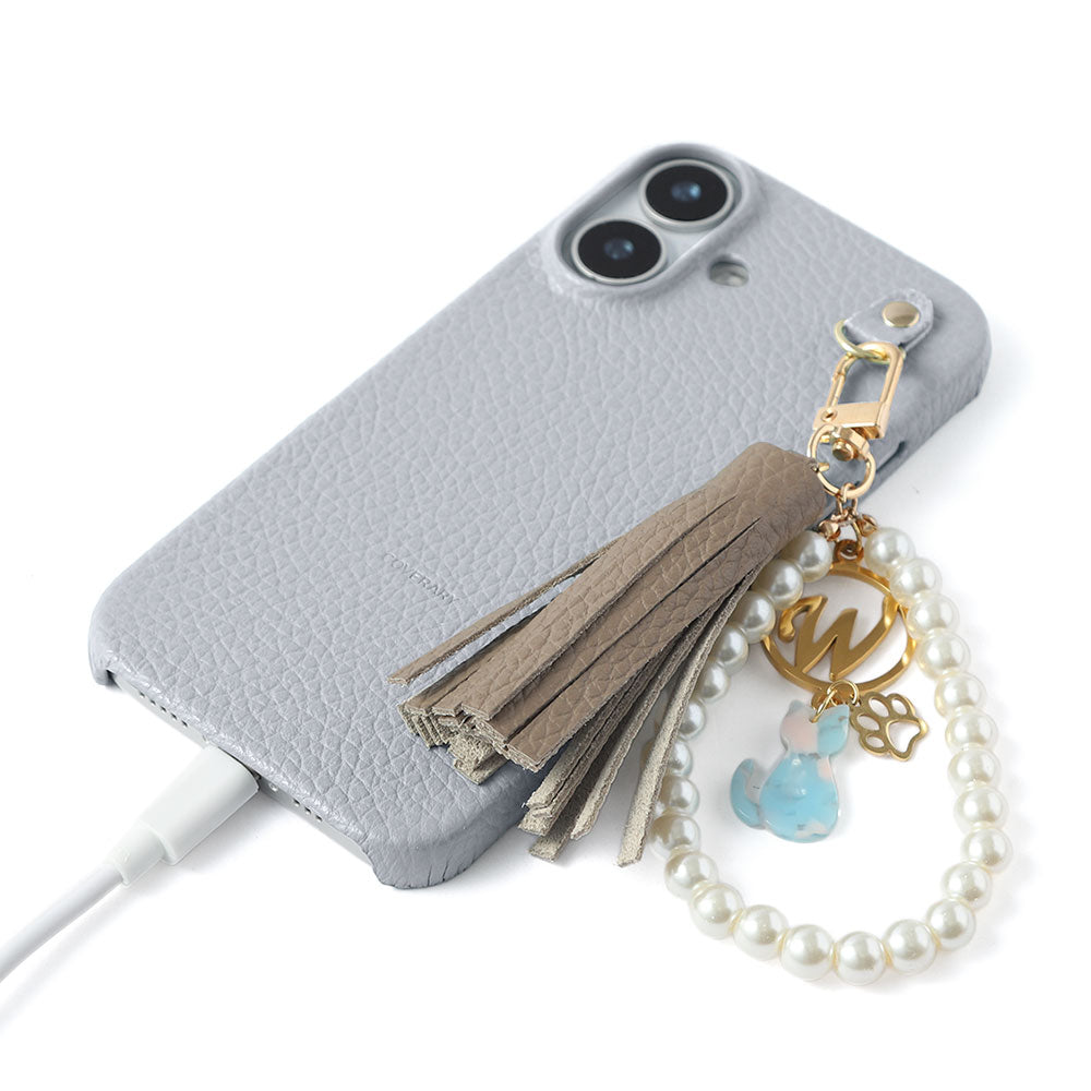 本革 32色 イタリアンシュリンクレザー 猫モチーフ タッセルイニシャルパールチャーム 背面ケース Xperiaシリーズ