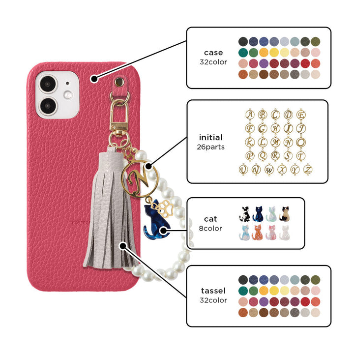 本革 32色 イタリアンシュリンクレザー 猫モチーフ タッセルイニシャルパールチャーム 背面ケース Xperiaシリーズ