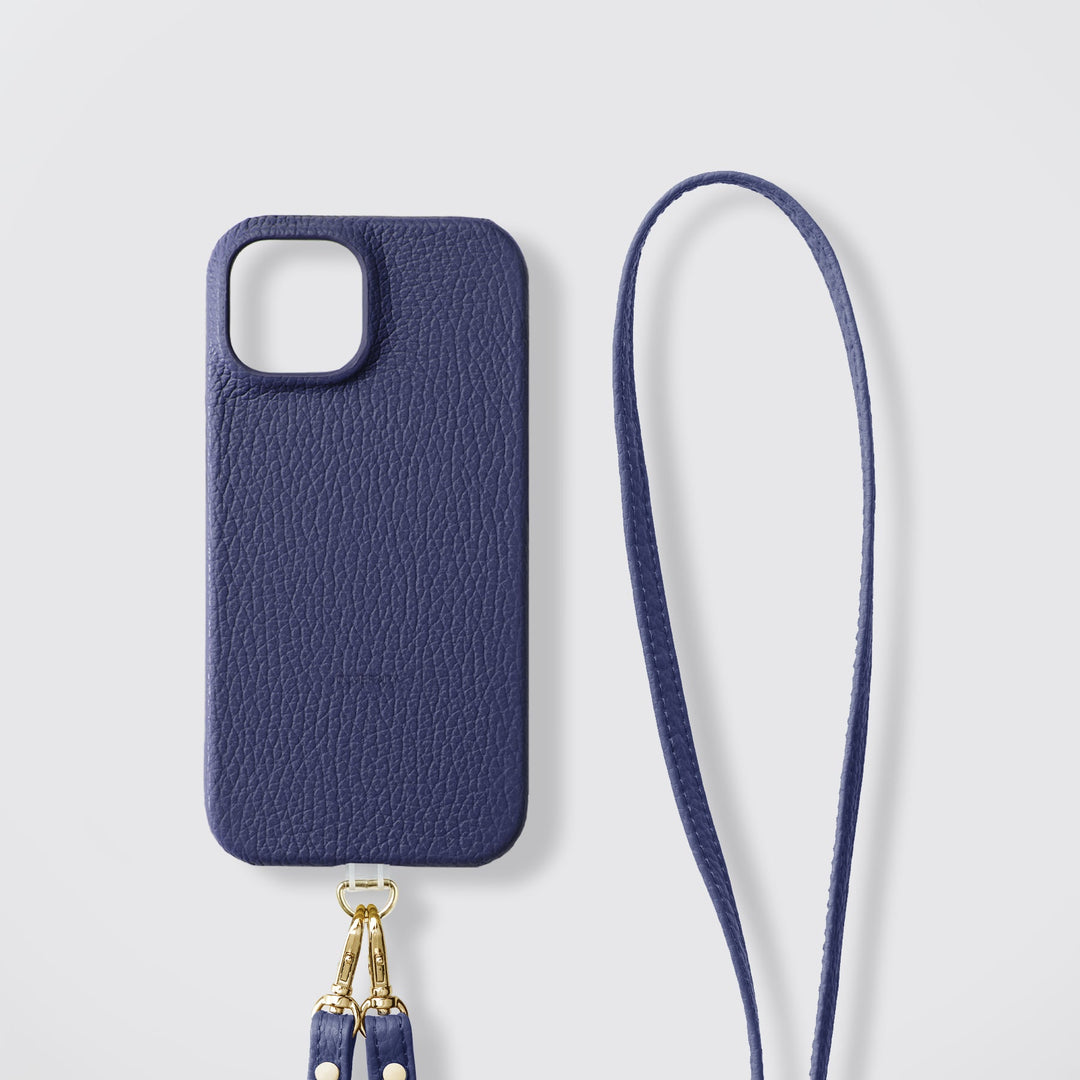 Étui arrière pour la série AQUOS avec bandoulière en cuir véritable italien, disponible en 32 couleurs, compatible MagSafe, et support en PVC