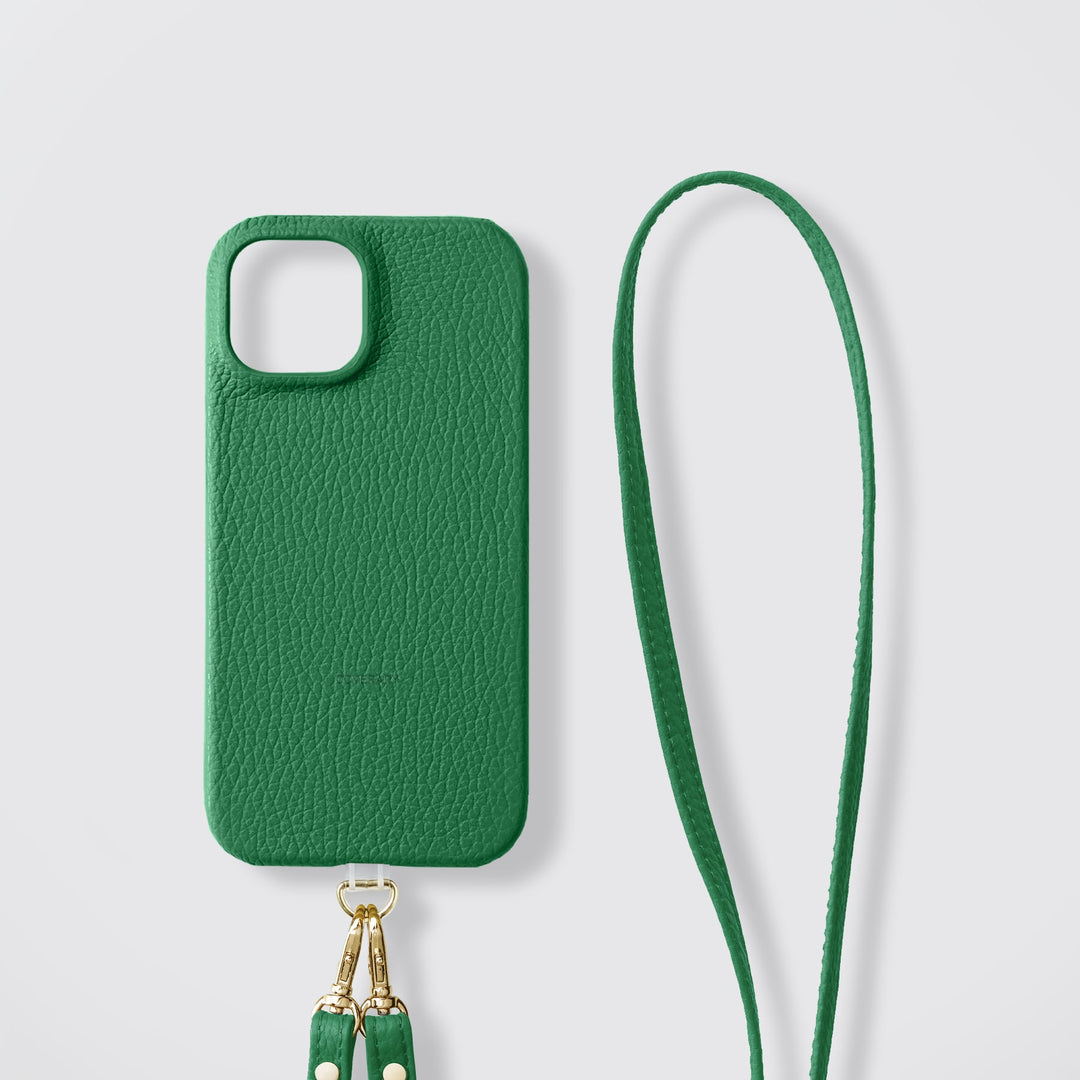 Étui arrière pour la série AQUOS avec bandoulière en cuir véritable italien, disponible en 32 couleurs, compatible MagSafe, et support en PVC